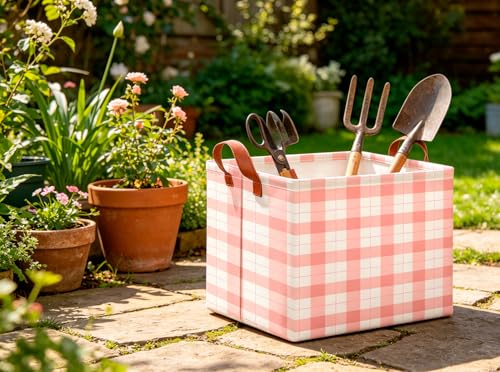 Image of CLOCOR Rectangular Storage Basket,Collapsible Storage Bin,Waterproof Books Box with Handles,Gift Basket(Pink Grid)