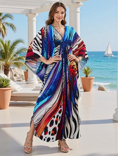 Image of IMAGEKOPE Women's Plus Size Animal Print V-Neck Batwing Kaftan Beach Dress Bathing Suit Cover-Up Loungewear