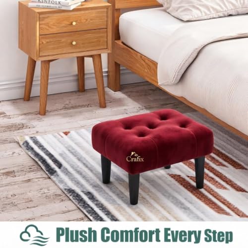 Image of Upholstered Foot Rest Ottoman Stool with Wooden Legs, Tufted Footstool for Living Room, Bedroom, Makeup Vanity, Entryway, Comfortable Footrest Bench, Modern Accent Ottoman (Red)