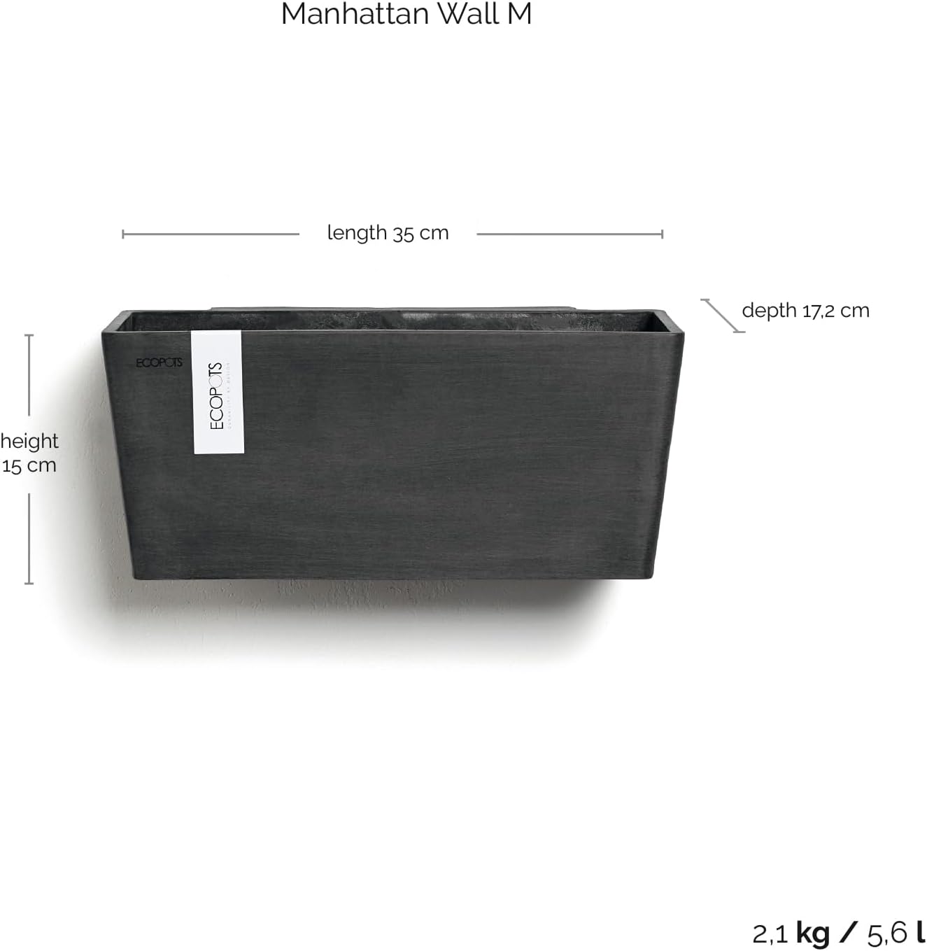 Ecopots Manhattan Small Rectangle Wall Planter - 13.8 in x 6.9 in x 5.9 in