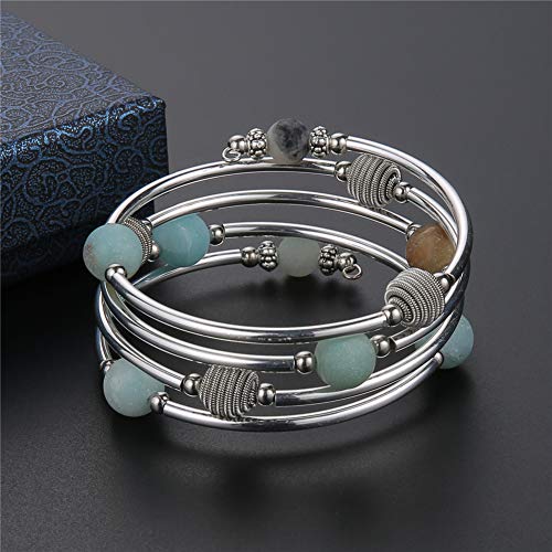 Pearl&Club Beaded Chakra Bangle Turquoise Bracelet - Fashion Jewelry Wrap Bracelet With Thick Silver Metal And Mala Beads, Birthday Gifts For Women (Agate Green) #TOP4