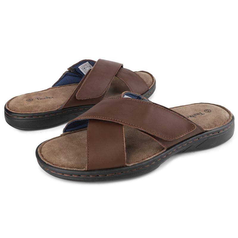 TIESTRA Hommes Cuir Sandales en Magic Collant Peep Toe Pantoufles été Doux Loisirs Antidérapant Semelle en Caoutchouc Plage Extérieur