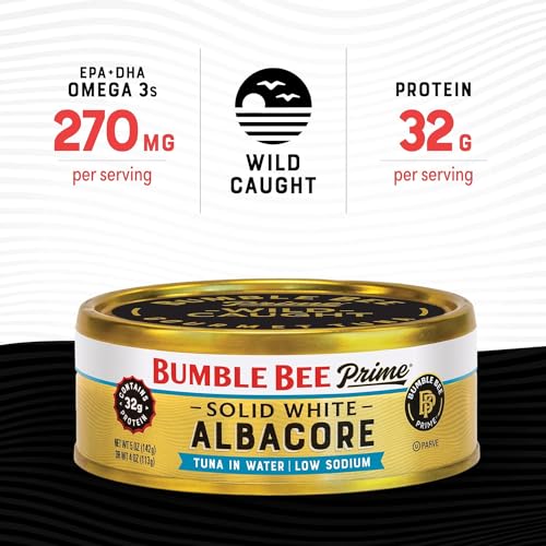 Image of Bumble Bee Prime Low Sodium Solid White Albacore Tuna in Water, 5 oz Can - Premium Wild Caught Tuna - 32g Protein per Serving - Non-GMO Project Verified, Gluten Free, Kosher (Pack of 3)