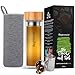 Teeflasche mit Sieb to Go - 500ml Thermo Tee Flasche aus Borosilikat Glas doppelwandig - Tea Infuser mit Bambus Schraubverschluss & Edelstahl Sieb - Inklusive Neopren Hülle