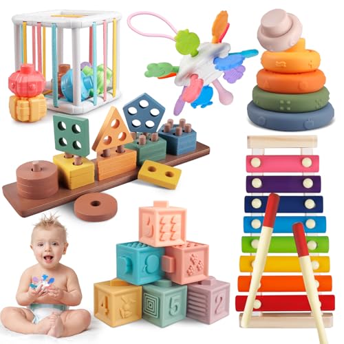 Aliex 6 em 1 Brinquedos Montessori para Bebês, Brinquedos de Empilhar e Encaixar/Cubo/Blocos/Brinquedos de Madeira/Xilofone | Presentes para Bebês