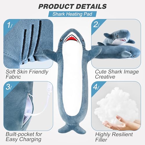 Image of Shark Heating Pad Plush, Cute Heated Stuffed Animal, USB Powered Electric Heating Pad with 3 Heat Levels & Timer, Soft Warm Plush Cushion Gift for Women Teen Girls