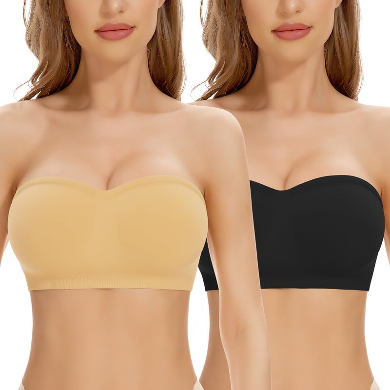 Cavotor Sujetador push up sin tirantes para mujer, brasier bandeau acolchado, antideslizante, de silicona, sin tirantes, para busto más grande, sin aros, cómodo bralette, Negro y beige., XL