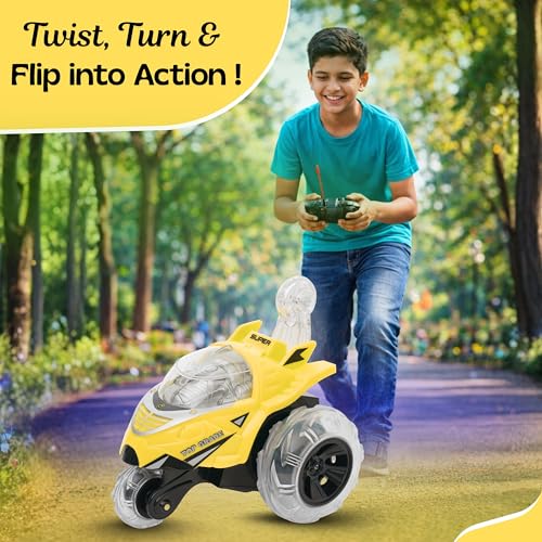 Image of Gooyo GY-0242 Rechargeable Stunt Car Toy for Kids with Tornado Rotation, Reverse Drive Function, Demo Mode, Lighting Effect & Music | Remote & USB Included | Power Source: in-Built Battery | Yellow