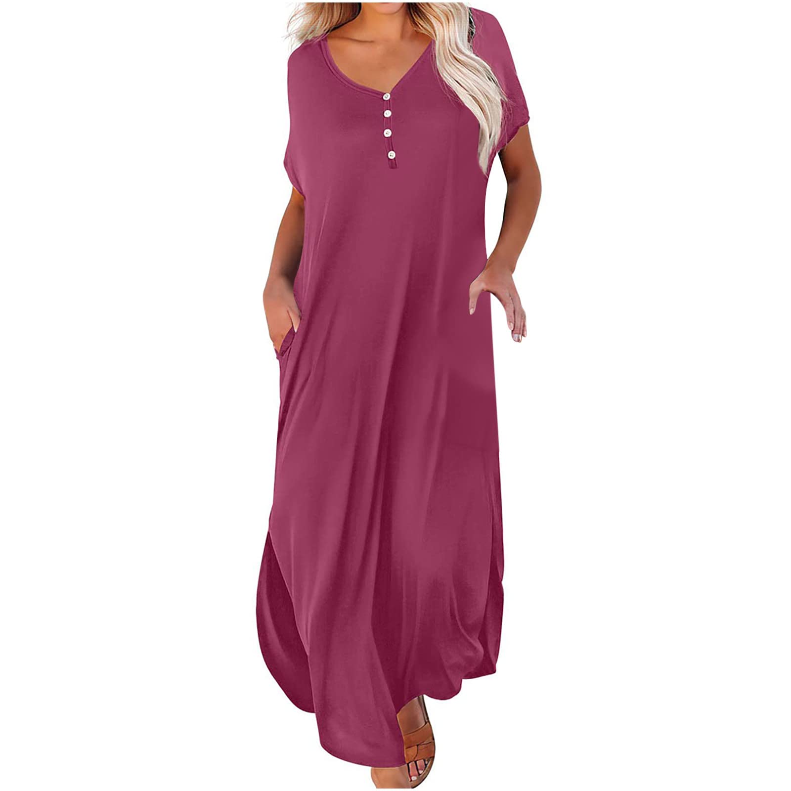 Women's Short Sleeve Casual Long Dresses Simple Solid Color Maxi Dresses Loose Beach Dress with Pockets