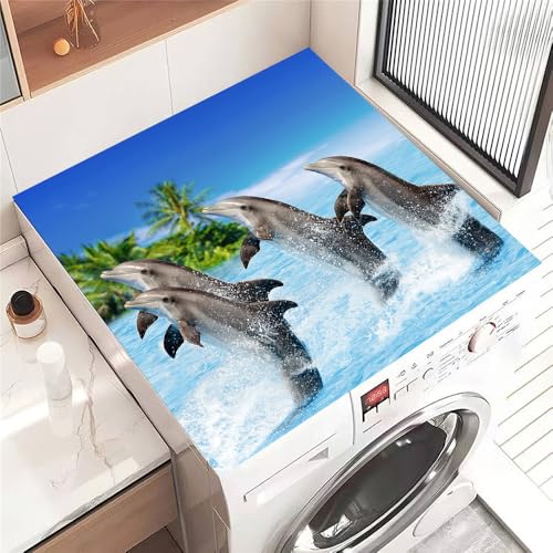Hixingo Lavadora Estera Protectora, Cubre Lavadora, Funda Secadora Carga Superior, Protector Cubre Antideslizante para Secadoras, Cocinas, Autocaravanas, 3D Océano (Delfines haciendo fila,50 * 50cm)