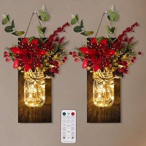 Tqsmsp 2pcs christmas mason jar wall decor handmade rustic wall sconces with remote control timer led fairy lights and red berry flowers hanging mason jar for xmas rustic home decor red  urban country home decor
