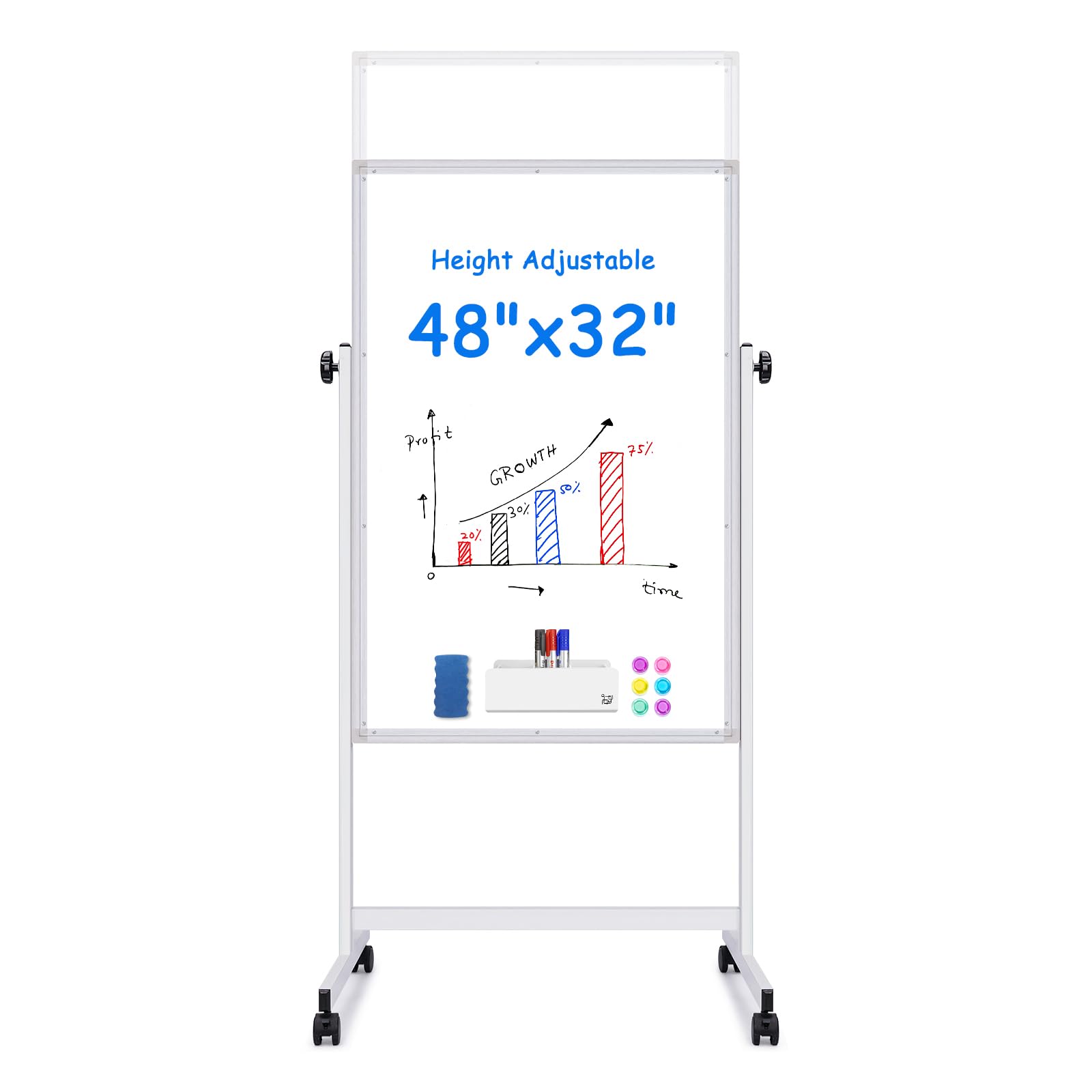 Maxtek Rolling White Board 48 x 32in,Height Adjustable Whiteboard on Wheels
