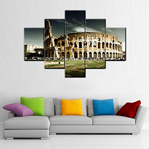 Artwork On Canvas,Wall Decor For Living Room,Rome World Famous Sights And Monuments Poster Prints For Home Office,5 Panels Colosseum At Sunset Painting Stretched And Framed Ready To Hang(60''Wx40''H ) #TOP2