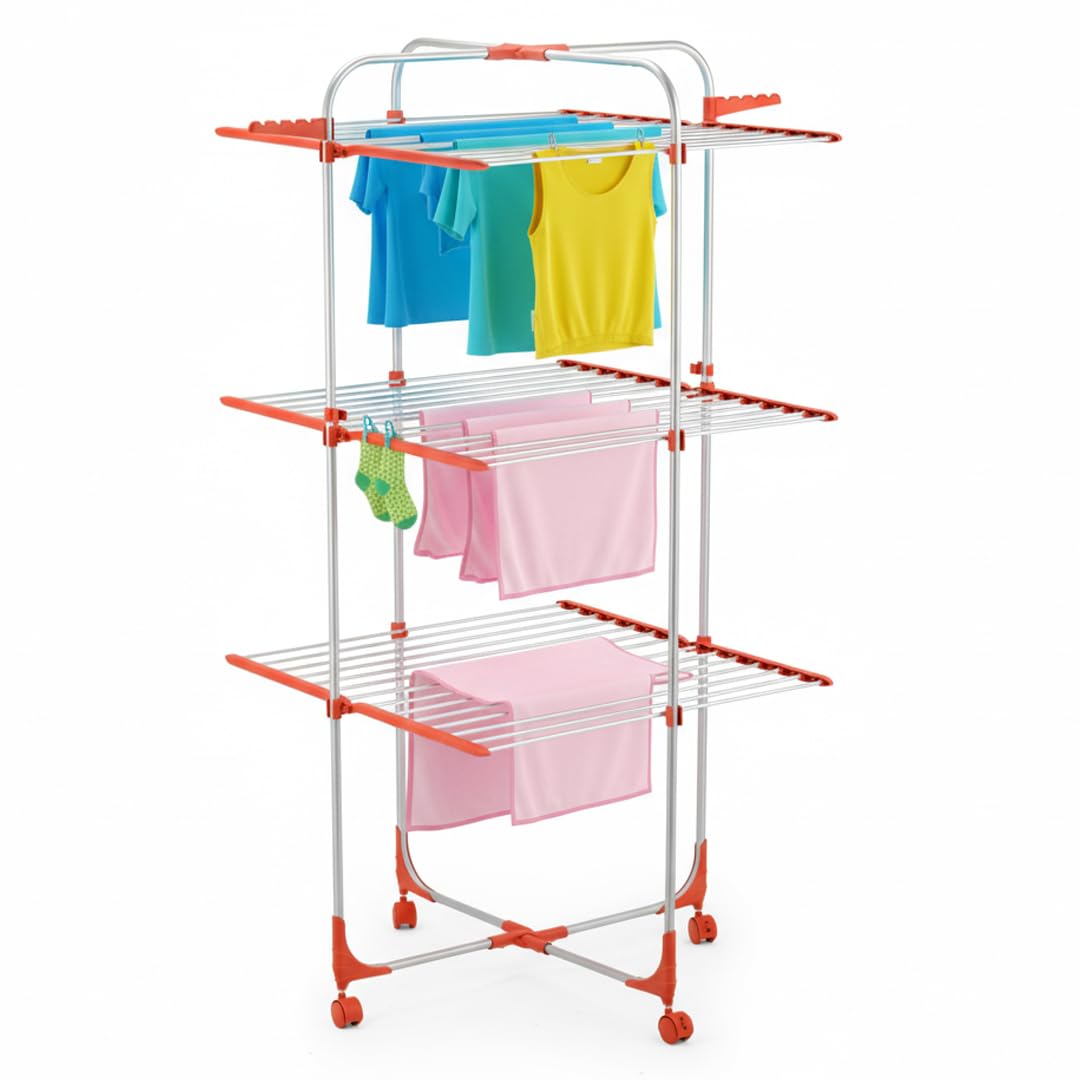 Tendedero Vertical Plegable 30M 3 Niveles con Ruedas 69.5×69.5×141.5cm - Tendedero de Pie Plegable de Aluminio para Interior y Exterior - Tenderetes de Ropa Plegables Ahorra Espacio