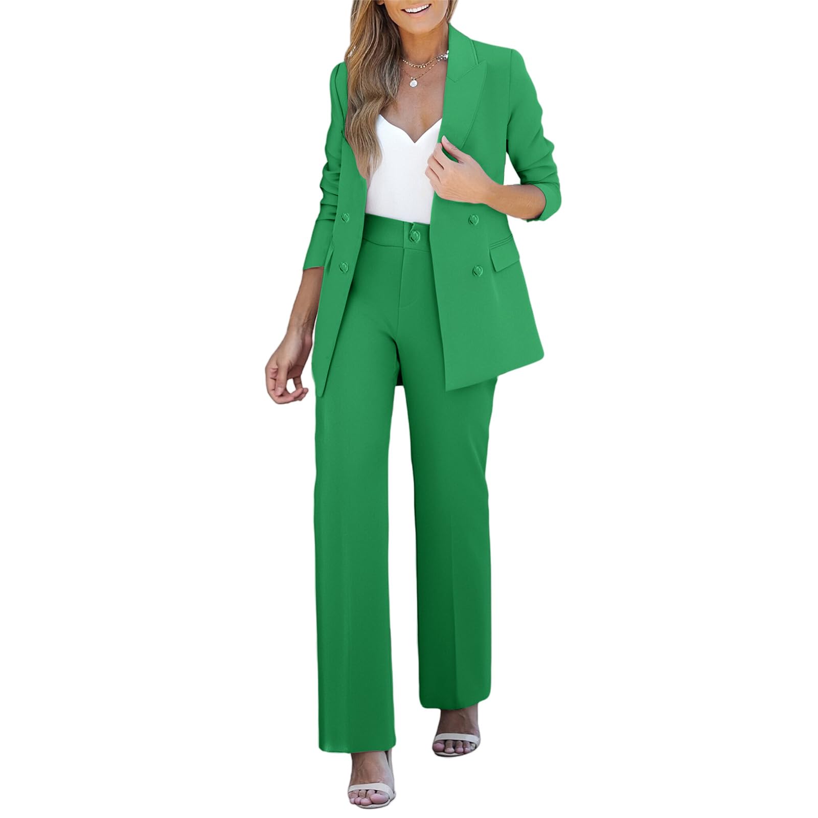 Womens Two Piece Sets Pants Suits Dressy Business Button Down Blazer Jacket and Wide Leg Pants Office Suit