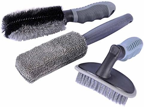 AutoEC Car Wheel Cleaner Brush Kit, 1 Steel Wire Flocking Wheel Cleaning Brush, 1 Metal-Free Rim Wash Brush, 1 Contoured Scrub Tire Shine Brush for Auto, Vehicle, Engine, Motorcycle (Pack of 3)