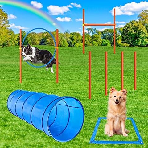 X XBEN Agility Set für Hunde, 5-teiliges Set Agility-Ausrüstung für Hunde, Agility Set mit 60CM Hundetunnel, Springring, Hürdenstange, 4 Slalomstangen,Interessant Spiele, Training,Einstellbar Cover