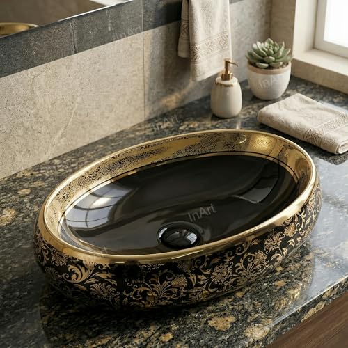 Image of Inart Ceramic Wash Basin | Counter Top Basin | Living room or Bathroom Table Top Basin | Black Gold Color | Size 60 x 40 x 15 CM