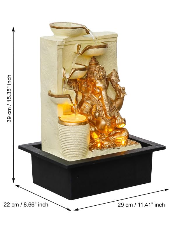 Image of Polyresin White Golden Ganesha Idol Tabletop Indoor 4 Diya Steps Water Fountain for Home Decor with Yellow LED Light & Speed Controller Pump (Size: 39 x 29.5 x 22CM | Weight: 2195grm)