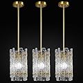 LIANGMH Modern Crystal Pendant Lighting Gold Mini Pendant Lights Rectangle Glass Chandeliers, Adjustable Pendant Light Fixture for Kitchen Island Bedroom Living Room Dining Room Corridor(3Pack)