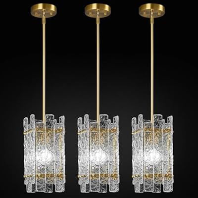 LIANGMH Modern Crystal Pendant Lighting Gold Mini Pendant Lights Rectangle Glass Chandeliers, Adjustable Pendant Light Fixture for Kitchen Island Bedroom Living Room Dining Room Corridor(3Pack)