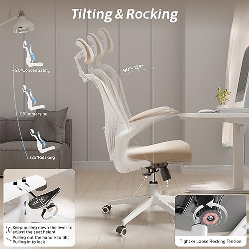 Image of Office Chair (03Khaki, Chair) | 360 Swivel Adjustable Lumbar Support & Flip-Up Armrests capacity 300 lbs capacity