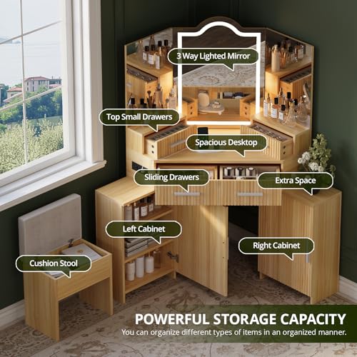Image of FURSUN Fluted Makeup Vanity Desk with HD 3 Way Mirror and Lights, 51 inch Large Corner Vanity Table with Charging Station, Dressing Table with 4 Drawers & 2 Storage Cabinets for Bedroom, Natural Oak