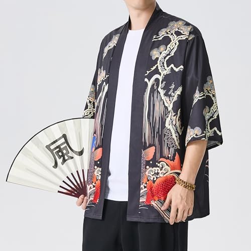 Image of Men's Japanese Kimono Robe Jacket Lightweight 3 /4 Sleeve Open Front Yukata | Silky Smooth Fashion Print Happi Coat Lightweight Breathable Loose Unisex Haori Casual Summer Cardigan Daily Beach Vacation