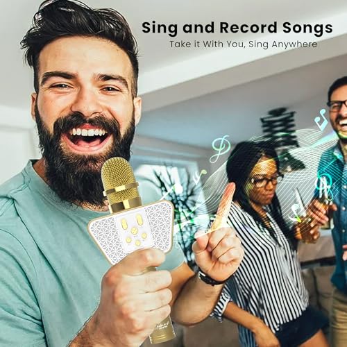 Image of LANDMARK BT55 Handheld Wireless Singing Mic Multi-Function Bluetooth Karaoke Microphone with Inbuilt Bluetooth Speaker, Recorder for Smart Phones, Laptop, Tablet - Golden