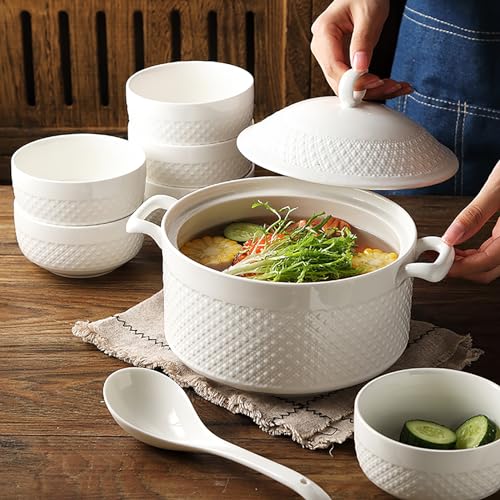 LAAMMIAM Soup Serving Tureen with Lid and Ladle Set,Porcelain Soup Serving Bowl for Home Kitchen Restaurant,White,2.2QT - Thumbnail 5