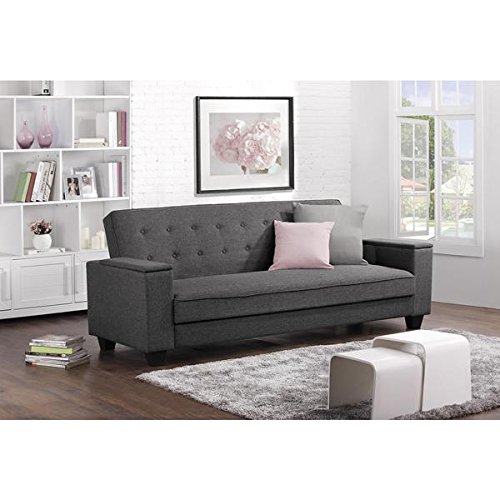 Berkeley Grey Linen Futon Convertible Sofa Bed with Built In Laptop Trays