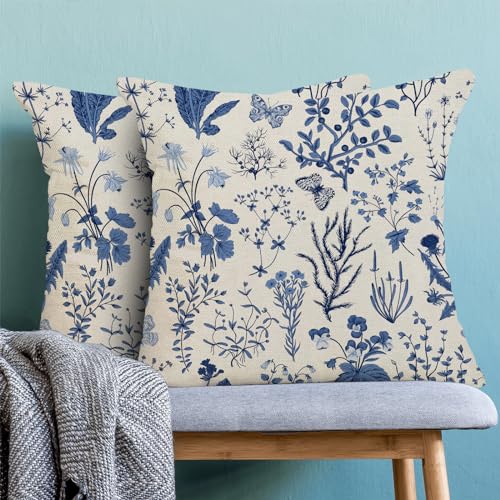 Image of AEIOAE Summer Pillow Covers 24x24 Inch Set of 2,Navy Blue Wild Flower Plant Throw Pillows Case,Seasonal Floral Outdoor Decorative Square Linen Farmhouse Decor Cushion Covers for Home Couch Sofa Bed