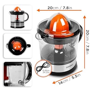 Duronic JE407 Spremiagrumi elettrico 40W, Estrattore in acciaio inox 700ml, Spremiagrumi automatico con filtro regolabile, Spremitore per agrumi con 2 coni, per succo di arancia limone lime pompelmo