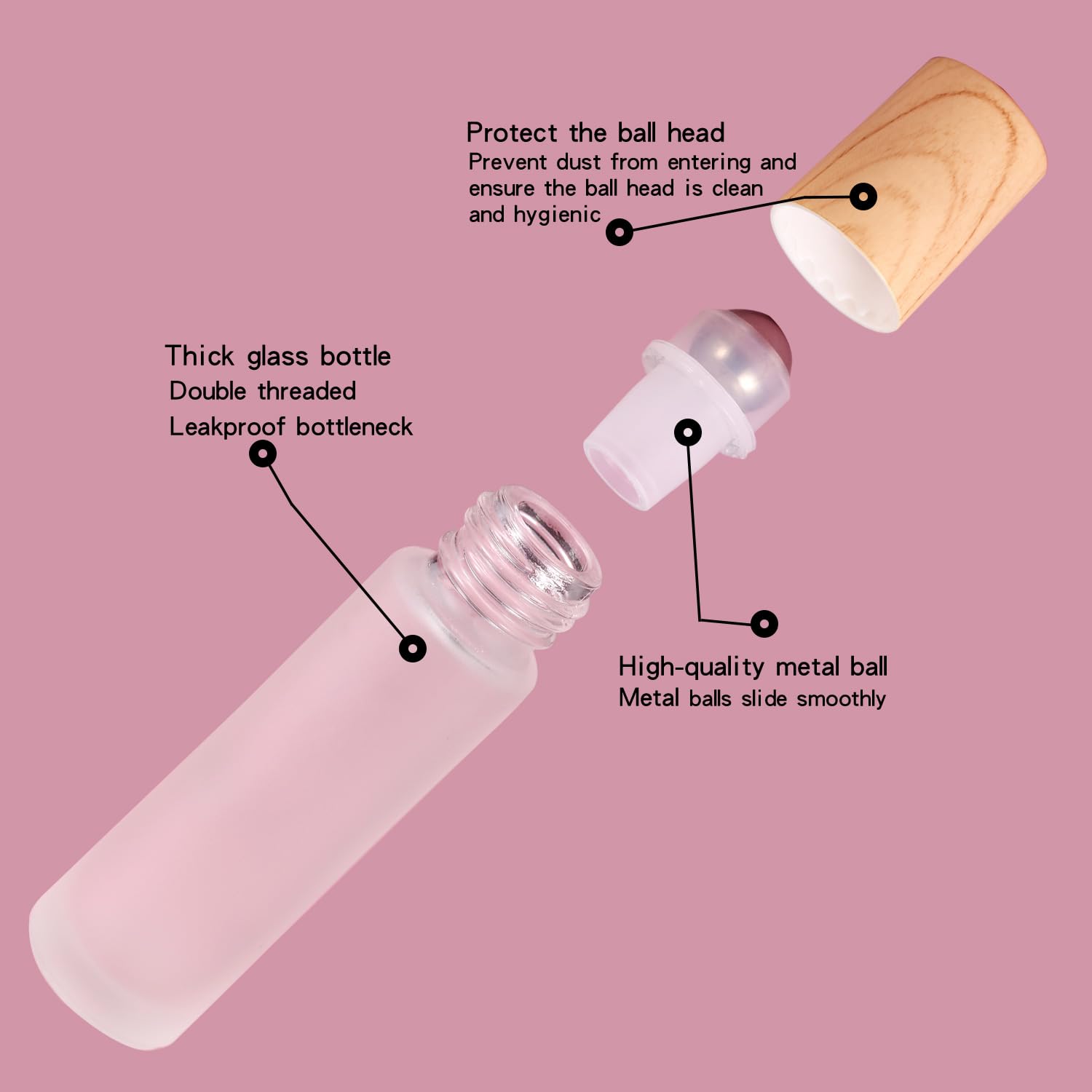 Lot de 12 flacons roulants vides en verre dépoli avec billes en acier inoxydable et bouchons rechargeables pour parfum (12 bouchons en bambou)