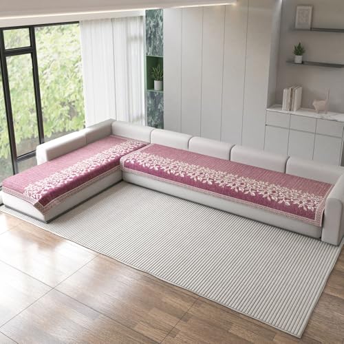 Image of Nendle Superior Velvet Floral Sofa Mat 7 Seater Set Cover Durable Protector for Living Room Sofa Set 4+3, Suitable for L Shape, Sectional and U Shape Sofa (Pink, Pack of 2)