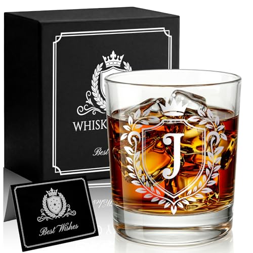 JEKUGOT Personalised Whiskey Glass Set Personalised Gifts for Men 10oz Whisky Glass Gift Birthday Gifts for Men Dad Friend Boyfriend Fathers Day Scotch Bourbon Drinkers (J)