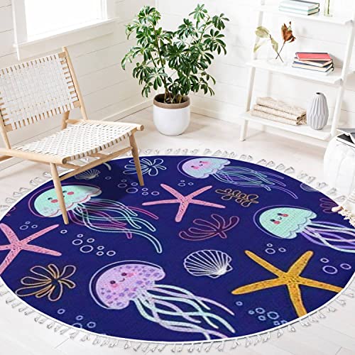 Image of Ocean Beach Area Rugs Jellyfish Water Plants Shells Marine Animal Round Boho Area Rug Linen Carpet Playmat Washable Hallway Runner Mat for Nursery Kid Room Bedroom Decoration Children Gift 4ft