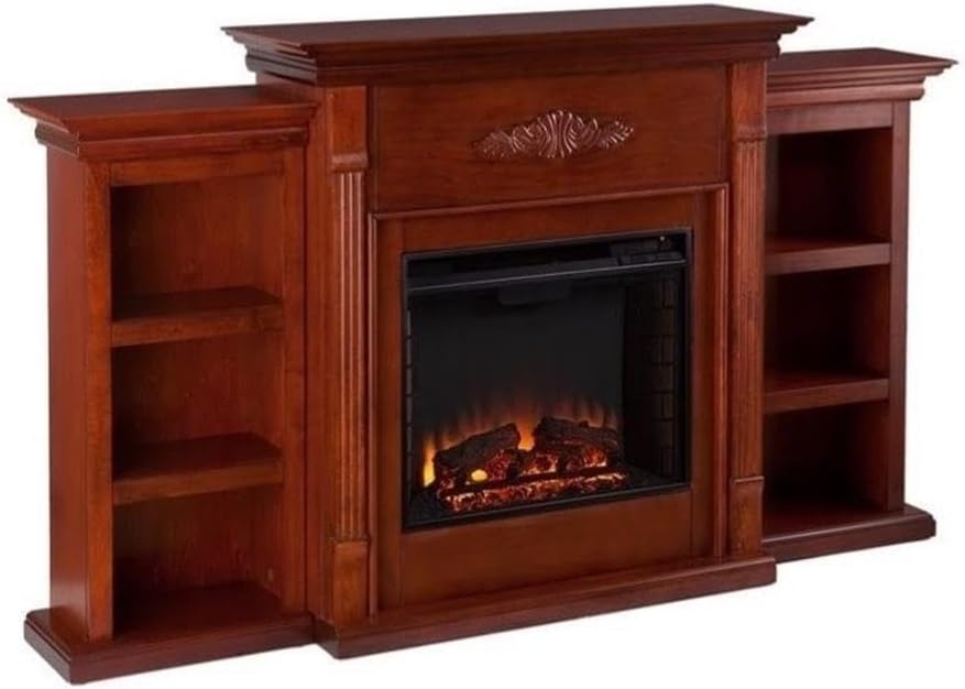 SEI Furniture - Tennyson Electric Fireplace with Book Shelves - Mahogany - Transitional Design, Brown Glass and Wood - Ideal for Living Room, Bedroom (FE8547)