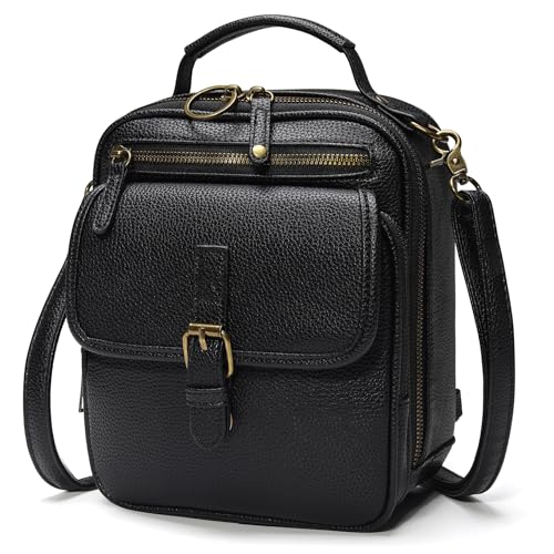 Crossbody Bags for Women with 2 Straps, Vegan Leather Messenger Purses, Vintage Wallet Anti Theft Shoulder Handbags with Card Slots, Lightweight Casual Fashion Backpack (Black)