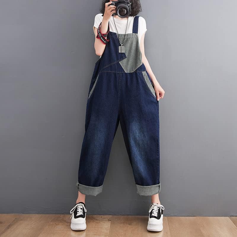 YIZHIWANG Patchwork Overalls for Women Casual Wide Leg Ladies Jumpsuits Straps Dungarees Jeans Rompers Baggy Bib Pants