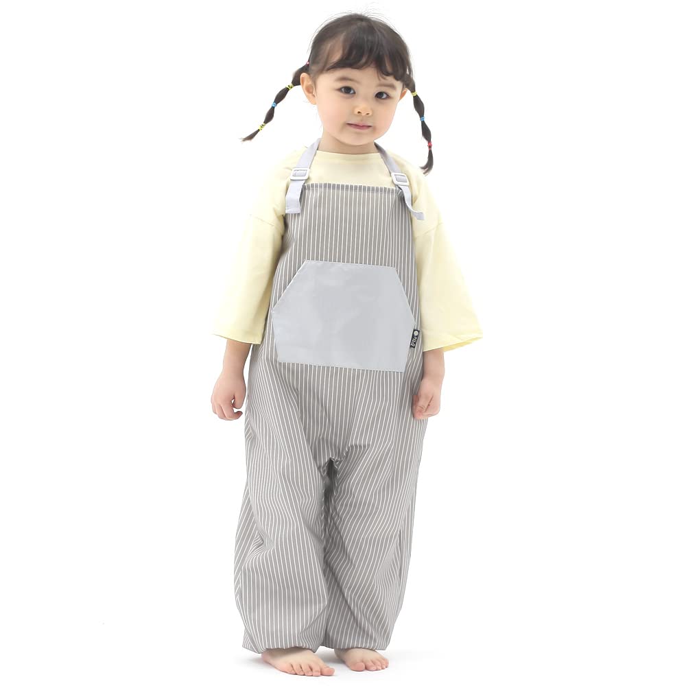 Kids Art Smock Dungaree Style, Lightweight Waterproof Painting Apron with Adjustable String, Quick-Dry Messy Play Overall for Boys Girls School Crafts, Gray Stripe (23-S)