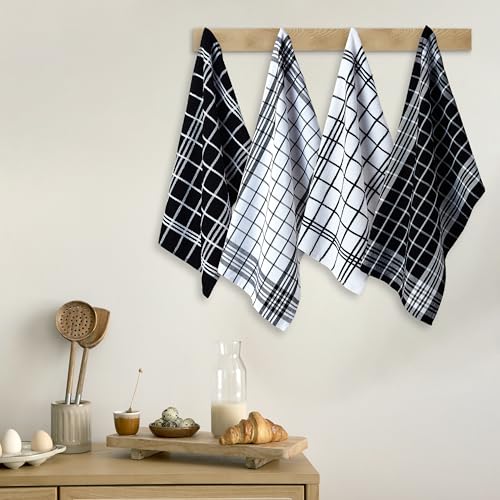 Image of Encasa XO Kitchen Towels and Dish Cloths Sets | Black Non-Terry+Terry Highly Absorbent Cotton Terry Towels | 70x45 cm | Multipurpose for Washing Dishes and Cleaning Pack of 4