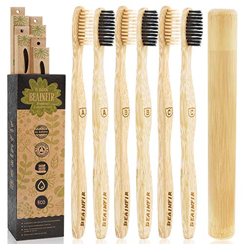Bambus Zahnbürsten,Beainfir 6 Pcs 100% BPA Freie Holzzahnbürste Zahnbürste Holz Bambuszahnbürste Set mit Etui Natürlich Umweltfreundlicher Packung,für gesunde weiße Zähne
