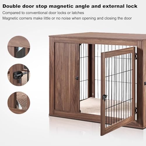 Hundebox- Indoor Holz Doppeltür Design, Multifunktional mit Magnetverschluss, Gemütliche Kissen, Perfekt für mittelgroße Hunde-5