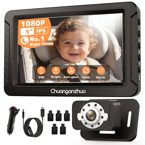 S100C Baby Car Camera USB Powered, Crystal Clear Auto IR Night Vision in Total Dark, Adjust Brightness & 1080P 5" IPS Monitor, 3X Zoom & 360° Rotating Backseat Camera for Rear or Forward-Facing Infant