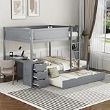 Harper & Bright Designs Full Over Full Bunk Bed Twin Size Trundle, Wood Full Bunk Bed with USB Ports, Storage and Desk, Gray