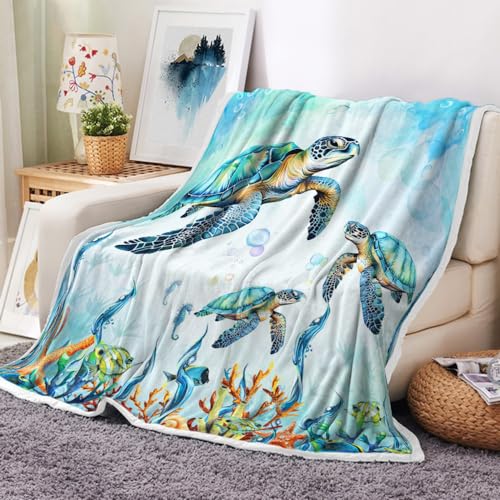 Cute Sea Turtle Throw Blanket for Kids Girls Boys - Aqua Teal Blue Super Soft Plush Beach Sherpa Blanket for Couch Sofa Bed - Turtle Gifts for Women Lovers - 60" x 80"