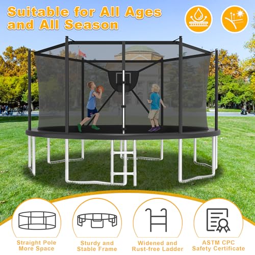 2025 Upgrade 1500LBS Outdoor Tranpoline for Kids and Adults 【Easy to Install & Built to Last】 10FT 12FT 14FT 16FT Recreational Tranpolines with Net, Basketball Hoop and Ladder, ASTM Approved