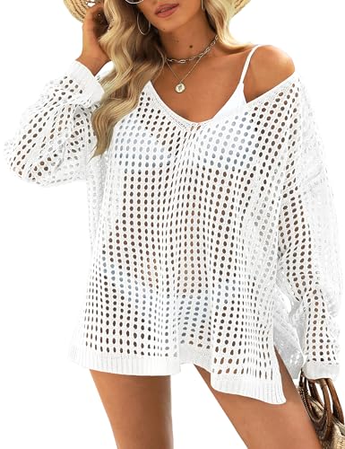 Womens Summer Tops Crochet Sweaters Swimsuit Cover Ups Hollow Out Loose Lightweight Beach Knit Pullover