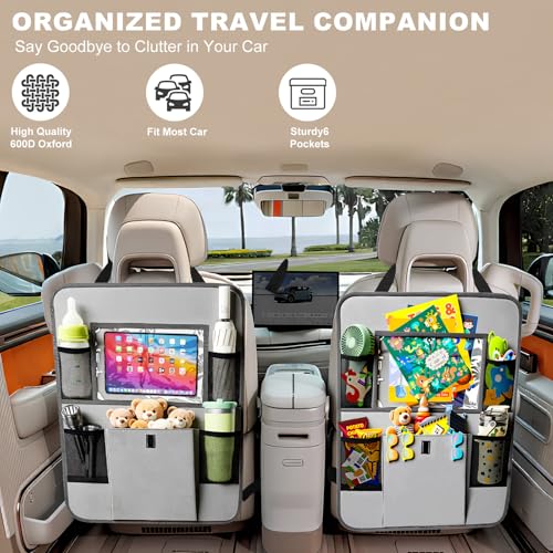 Image of Car Backseat Organizer with Tablet Holder, 6 Storage Pockets Seat Back Protectors Kick Mats for Kids, Car Seat Protector for Road Trips 2 Pack (Grey)